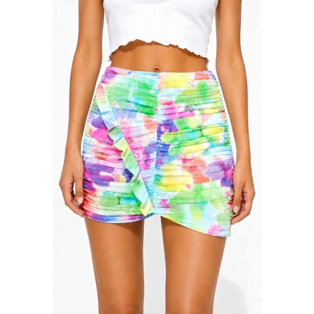 Zara Watercolor Ruffle Mini Skirt Y2K Pastel Floral Bodycon Summer Vacation NEW - Picture 3 of 15